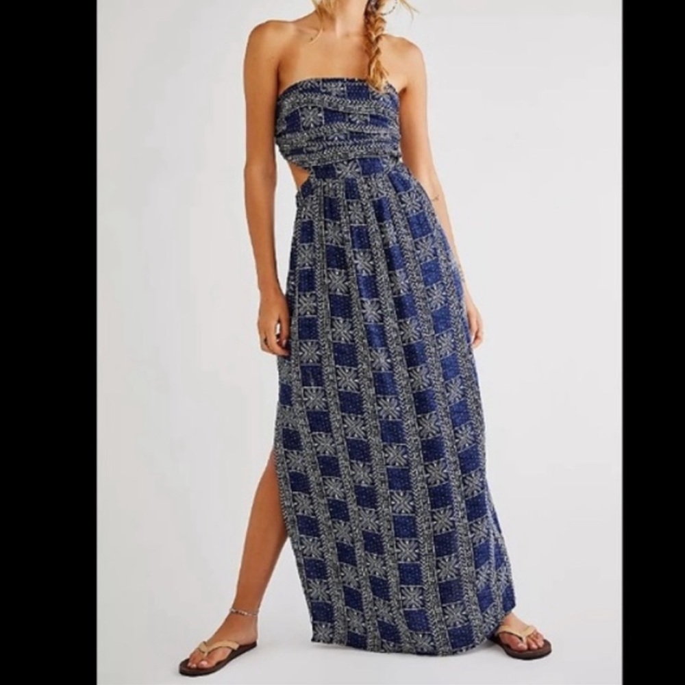 Free People Navy Printed Strapless Maxi Dress